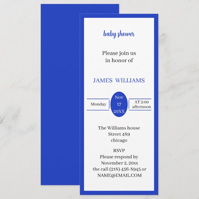 Convites Chá de fraldas personalizado azul simples (Frente/Verso)