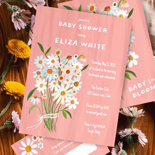 Convites Chá de fraldas Personalizado de Buquê de margarida (Cute Daisy Bouquet Handpainted Custom Baby Shower Invitation Pink Girl Baby in Bloom Cute)