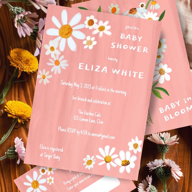 Convites Chá de fraldas Personalizado de Buquê de margarida (Cute Daisy Bouquet Handpainted Custom Baby Shower Invitation Pink Baby Girl Baby in Bloom Floral)