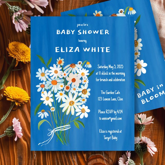 Convites Chá de fraldas Personalizado de Buquê de margarida (Cute Daisy Bouquet Handpainted Custom Baby Shower Invitation Blue Boy Gouache Art )