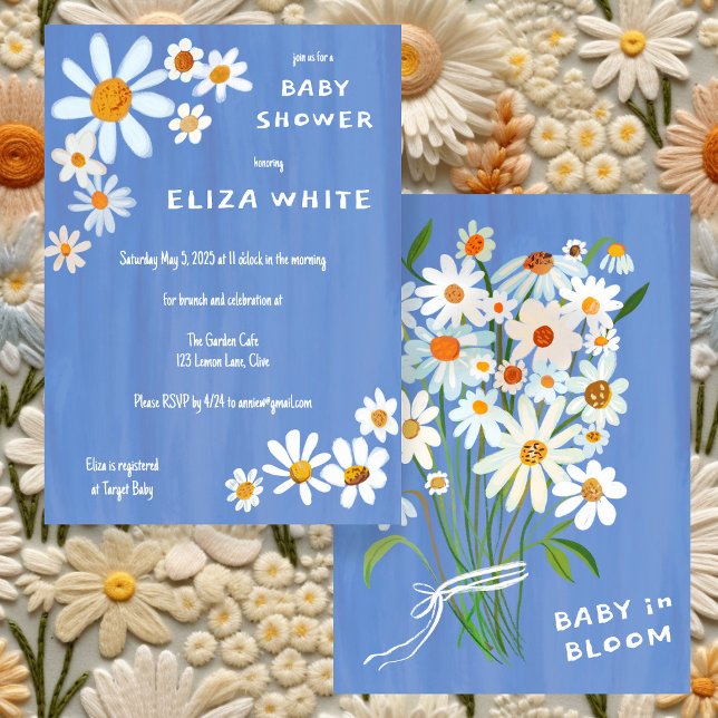 Convites Chá de fraldas Personalizado de Buquê de margarida (Cute Daisy Bouquet Handpainted Custom Baby Shower Invitation periwinkle Blue

)