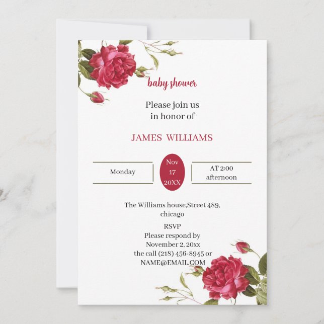 Convites Chá de fraldas Personalizado de Flor Vermelho Eleg (Frente)