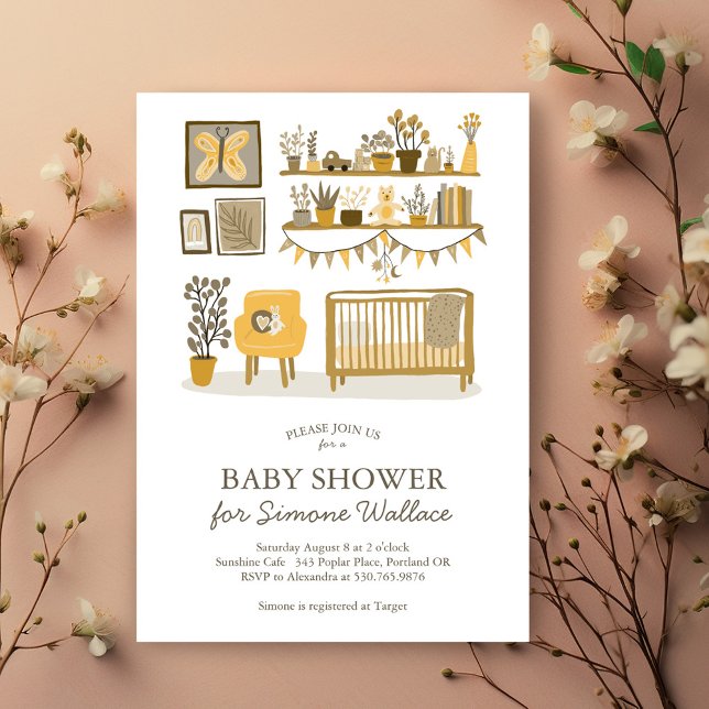 Convites Chá de fraldas PERSONALIZADO de Ilustração do Nurs (Cute Nursery Illustration CUSTOM BABY SHOWER Invitation neutral yellow colors - customize it!)