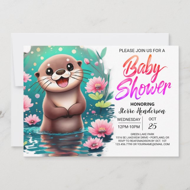 Convites Chá de fraldas Personalizado de Otter de Aquarela (Frente)