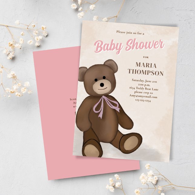 Convites Chá de fraldas Personalizado do Urso de Teddy Rosa (Cute vintage teddy bear baby shower invitations)
