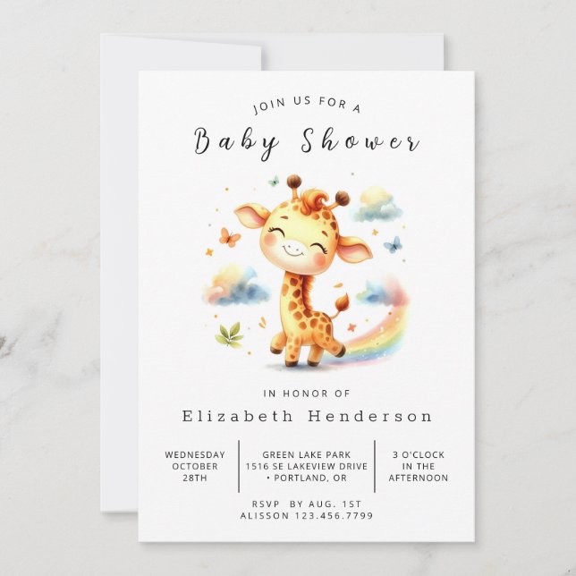 Convites Chá de fraldas Personalizado Graceful Giraffe (Frente)