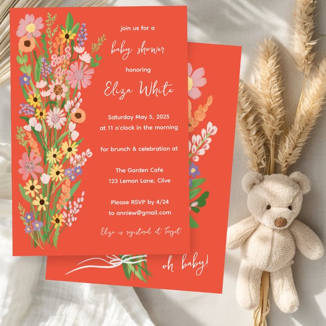 Convites Chá de fraldas Personalizado Pintado Manipulado (Wildflowers Handpainted Custom Baby Shower Invitation Orange
)