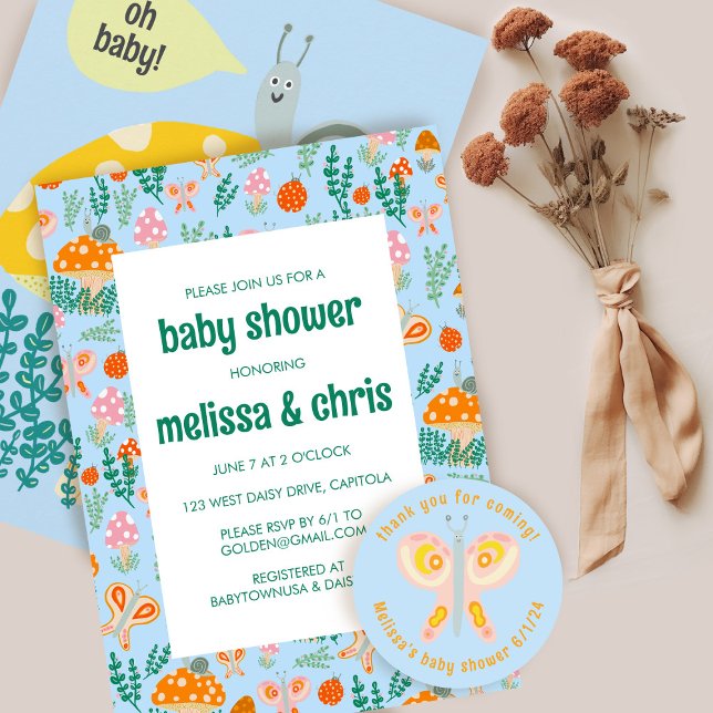 Convites Chá de fraldas PERSONALIZÁVEL Adorável De Cogumelo (Snail Mushroom Cute Adorable CUSTOM BABY SHOWER Invitation
)