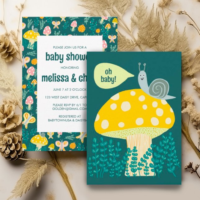 Convites Chá de fraldas PERSONALIZÁVEL Adorável De Cogumelo (Cute snail, mushroom, ladybug and butterfly colorful custom baby shower invitation. Gender neutral)