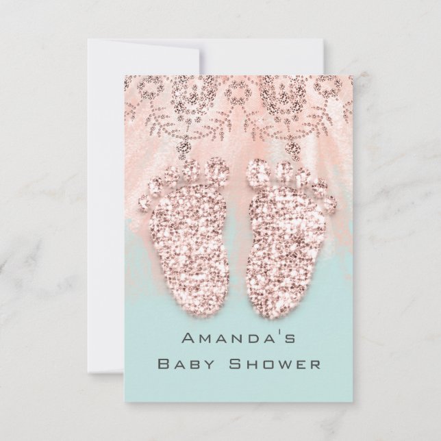 Convites Chá de fraldas Pés Silver Girl Roya Rosa Glitter (Verso)