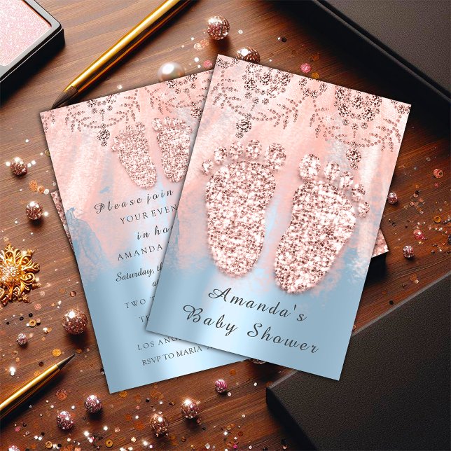 Convites Chá de fraldas Pés Silver Girl Royal Rosa Blue (Baby Shower Feet Silver Girl Boy Royal Rose Blue Invitation)