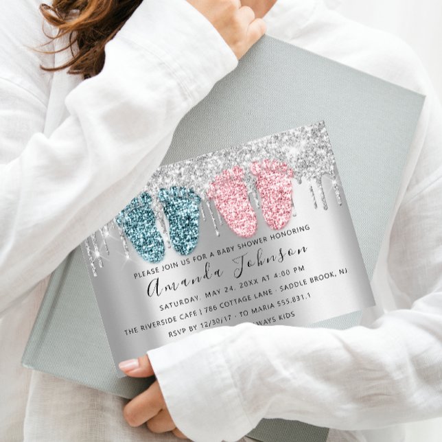 Convites Chá de fraldas pica Cinza de prata gêmeos gêmeos (Baby Shower Drips Silver Gray Feet Twins Boy Girl Invitation)