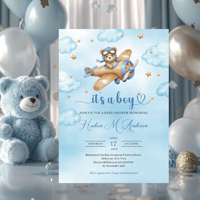 Convites Chá de fraldas-piloto de ursinho (teddy bear pilot brown and blue boy baby shower invitation)