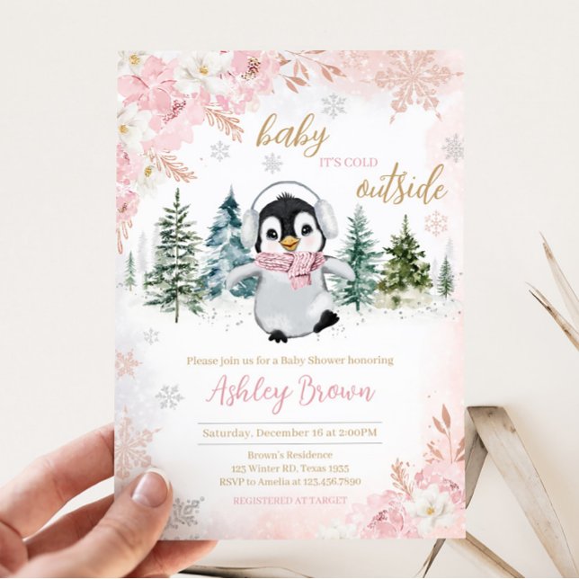 Convites Chá de fraldas Pinguim-Inverno Rosa (Girl Penguin Baby Shower Invitation)