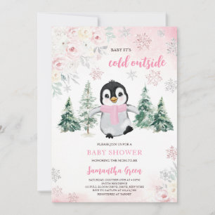Convites Chá de fraldas Pinguim-Inverno Rosa