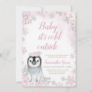 Convites Chá de fraldas Pinguim Prateado Rosa