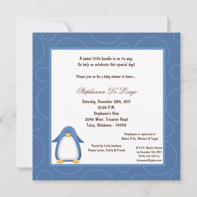 Convites chá de fraldas Pinguin Pok-a-Dot 5x7 (Frente)