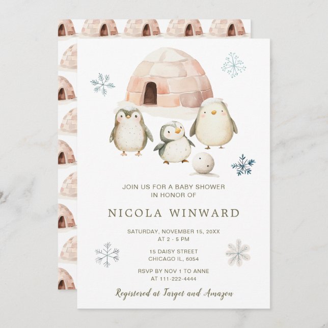Convites Chá de fraldas Pinguins de inverno (Frente/Verso)
