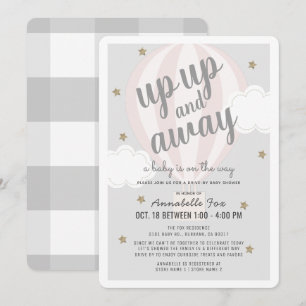 Convites Chá de fraldas Pink, Balão de Ar Quente para Cima,
