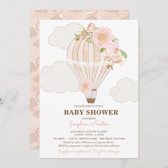 Convites Chá de fraldas Pink de Balão de Ar Quente (Frente/Verso)