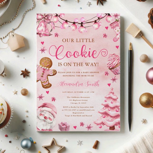 Convites Chá de fraldas Pink Gingerpão de Natal Cookie (Girl Christmas A Little Cookie Pink Gingerbread Baby Shower Invitation)