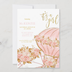 Convites Chá de fraldas Pink Peony Floral Balon Girl