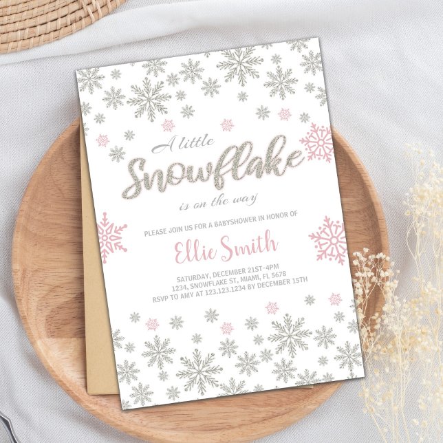Convites Chá de fraldas Pink Silver Winter Personalizável (Pink Silver Winter Baby Shower Invitations)