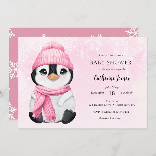 Convites Chá de fraldas Pink Winter Penguin (Frente/Verso)