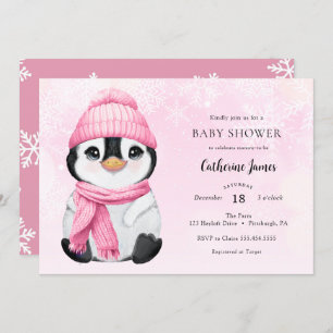 Convites Chá de fraldas Pink Winter Penguin