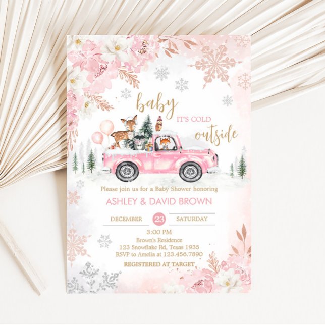 Convites Chá de fraldas Pink Winter Woodland (Pink Baby It's Cold Outside Baby Shower Invitation)