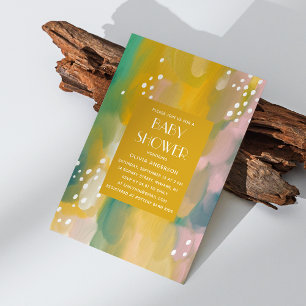 Convites Chá de fraldas pintado de óleo verde amarelo brilh