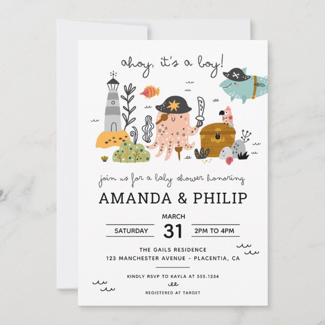 Convites Chá de fraldas pirata Ahoy É um menino (Frente)