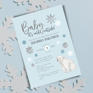 Convites Chá de fraldas Polar Bear Winter Silver Floco de N