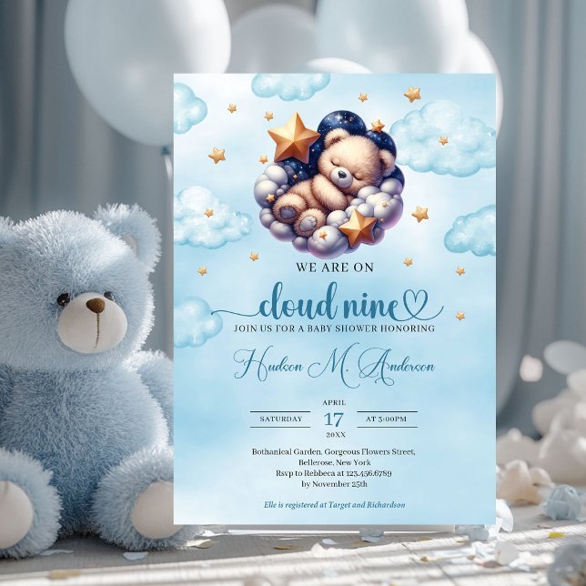 Convites Chá de fraldas popular da nuvem de ursinho nove (we are on cloud nine sleeping teddy bear boy baby shower invitation)