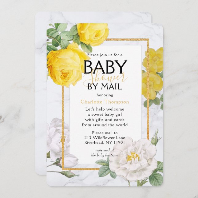 Convites Chá de fraldas Por Mail Yellow Rose Floral (Frente/Verso)