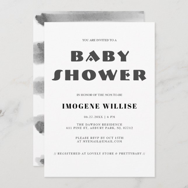 Convites Chá de fraldas preto e branco simples Abstrato (Frente/Verso)