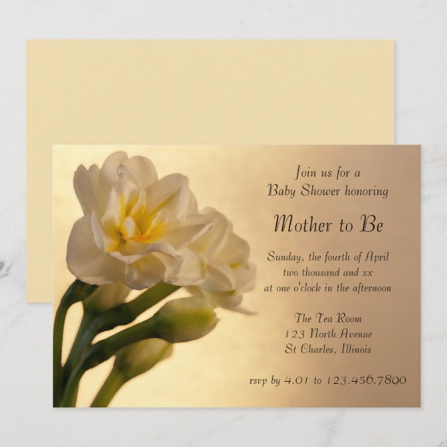 Convites Chá de fraldas Primavera de Daffodils Duplos Branc (Frente/Verso)