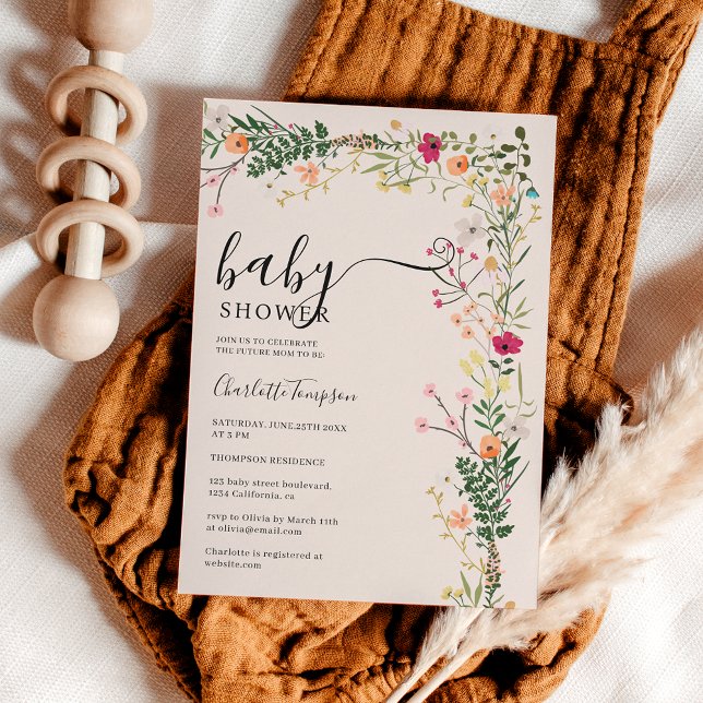 Convites Chá de fraldas primavera de flores silvestres do c (Bohemian meadow wild flowers spring baby shower invitation)