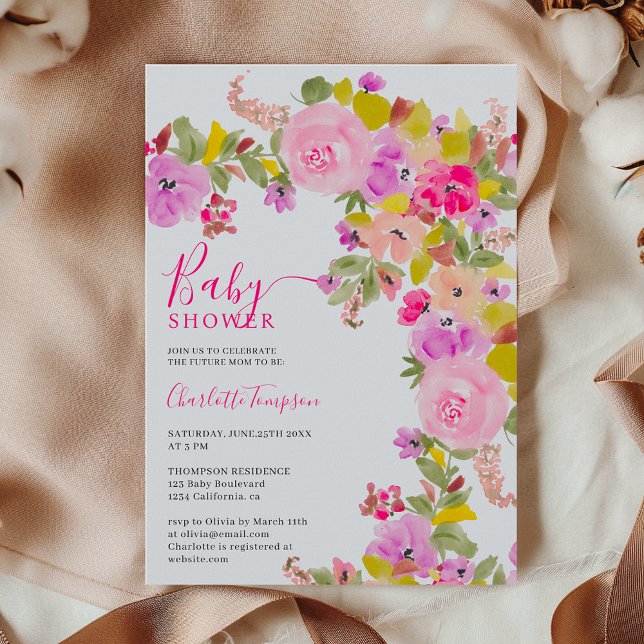 Convites Chá de fraldas primavera de flores silvestres rosa (Bohemian pink wildflowers spring baby shower invitation)