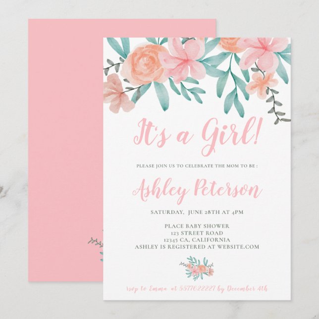 Convites chá de fraldas primavera floral de buquê de coral  (Frente/Verso)