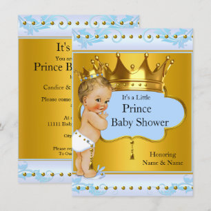 Convites Chá de fraldas Prince Boy Blue Dourado Crown Blona
