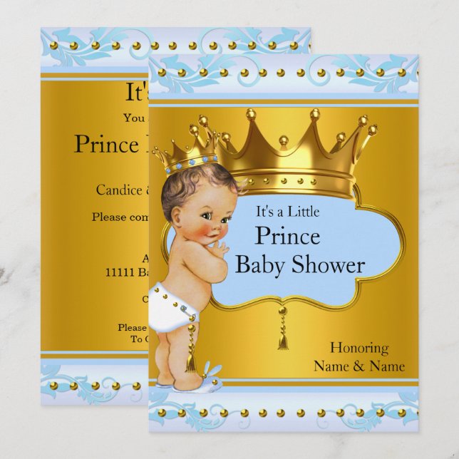 Convites Chá de fraldas Prince Boy Blue Dourado Crown Brune (Frente/Verso)