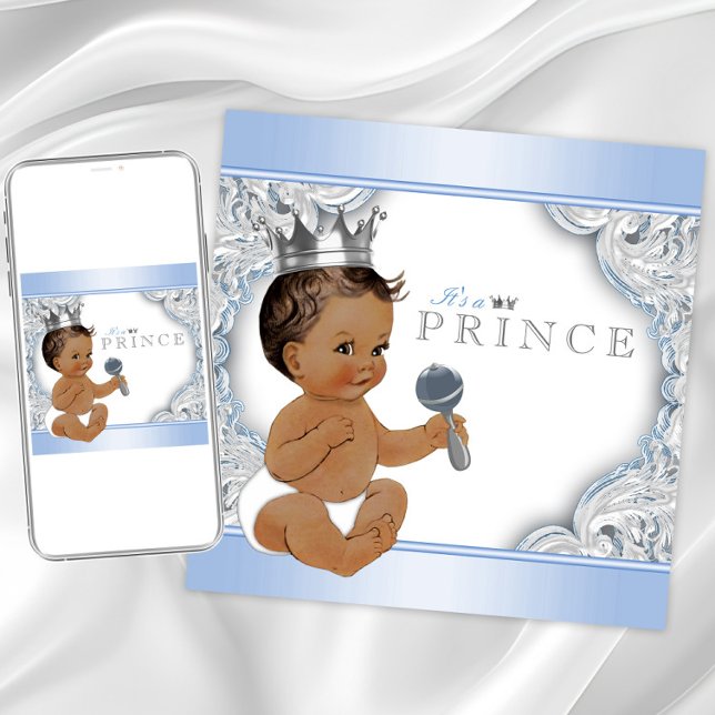 Convites Chá de fraldas Príncipe Azul de Prata do Menino Ét (Baby blue silver prince baby shower invitation. Instant download and printed invitations available.)