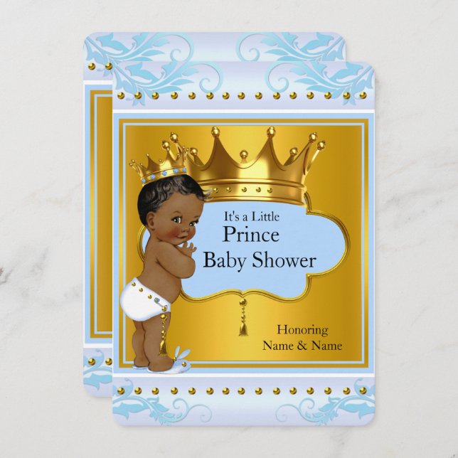 Convites Chá de fraldas Príncipe Cute Boy Blue Dourado Étni (Frente/Verso)