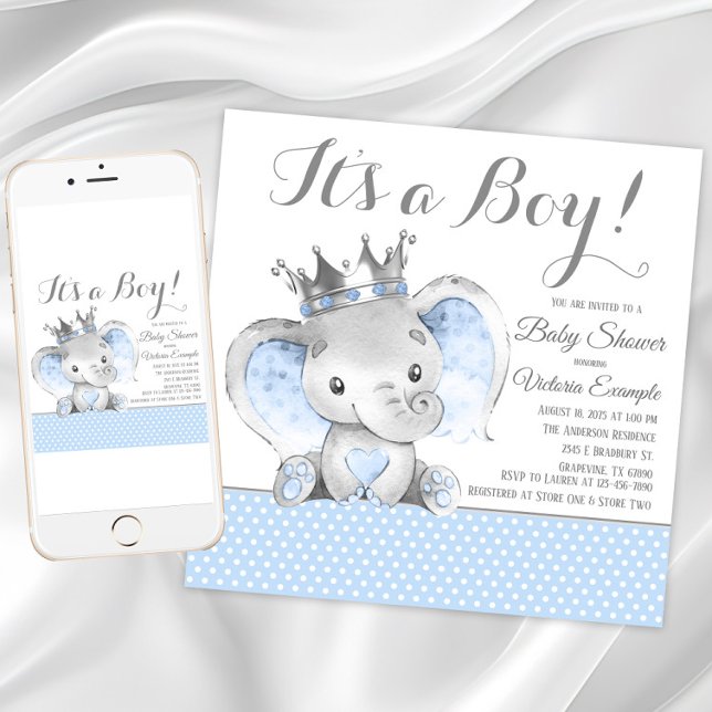 Convites Chá de fraldas Príncipe Elefante (Boy elephant baby shower invitation. Instant download and printed invitations are available.)