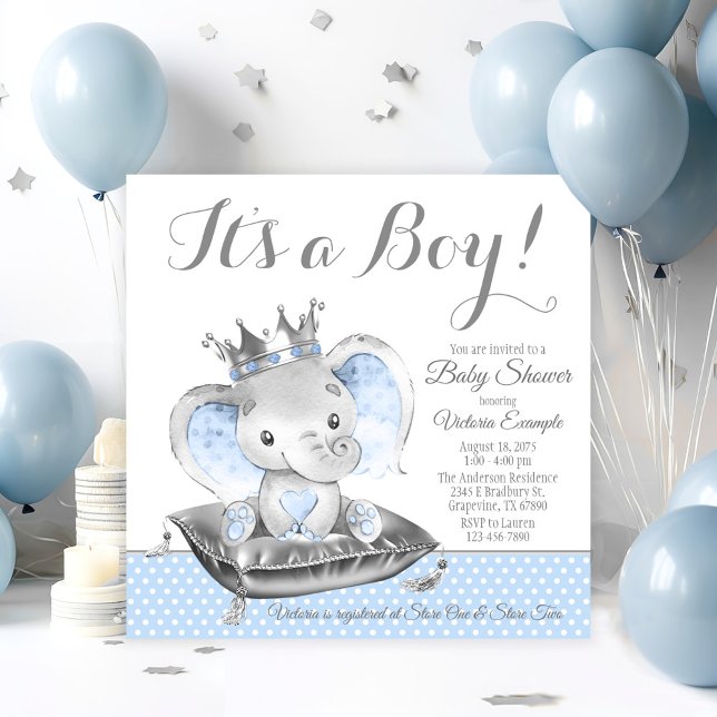 Convites Chá de fraldas Príncipe Elefante (Adorable baby boy elephant prince baby shower invitation. Simply add your event details.)