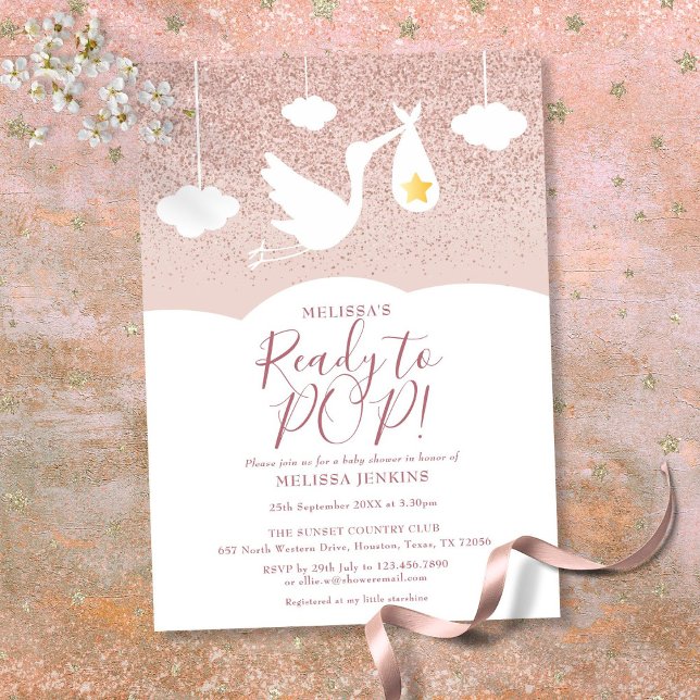 Convites Chá de fraldas pronto para Pop Stork Rosa Dourado  (Baby Shower Ready to Pop Stork Rose Gold Glitter Invitation)