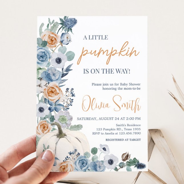 Convites Chá de fraldas Pumpkin Branco Azul Dusty (Blue Floral Pumpkin Baby Shower Invitation)