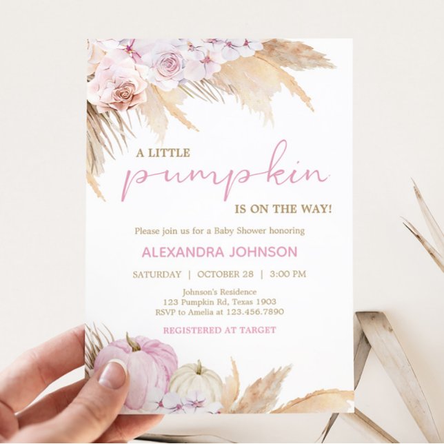 Convites Chá de fraldas Pumpkin de Boho Rosa (Boho Pumpkin Baby Shower Invitation)
