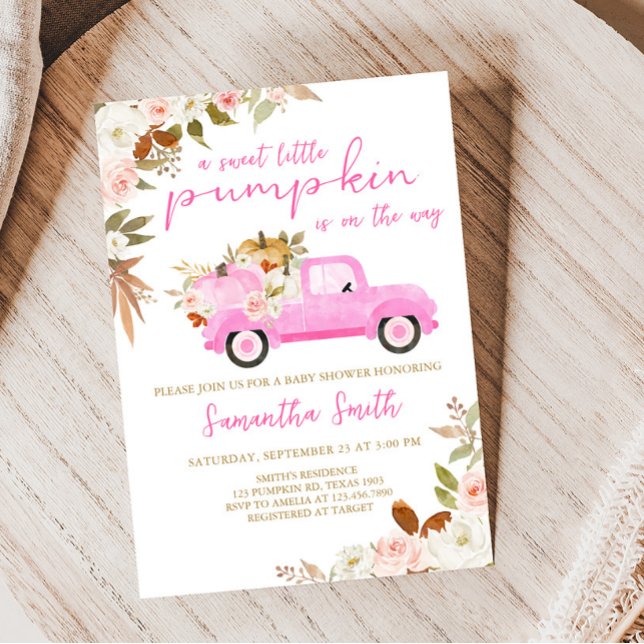 Convites Chá de fraldas Pumpkin de Caminhão Rosa (Fall Pumpkin Pink Truck Baby Shower Invitation)
